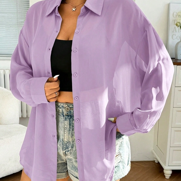 SHEIN Light Purple Button-Down Shirt - Picture 3 of 5